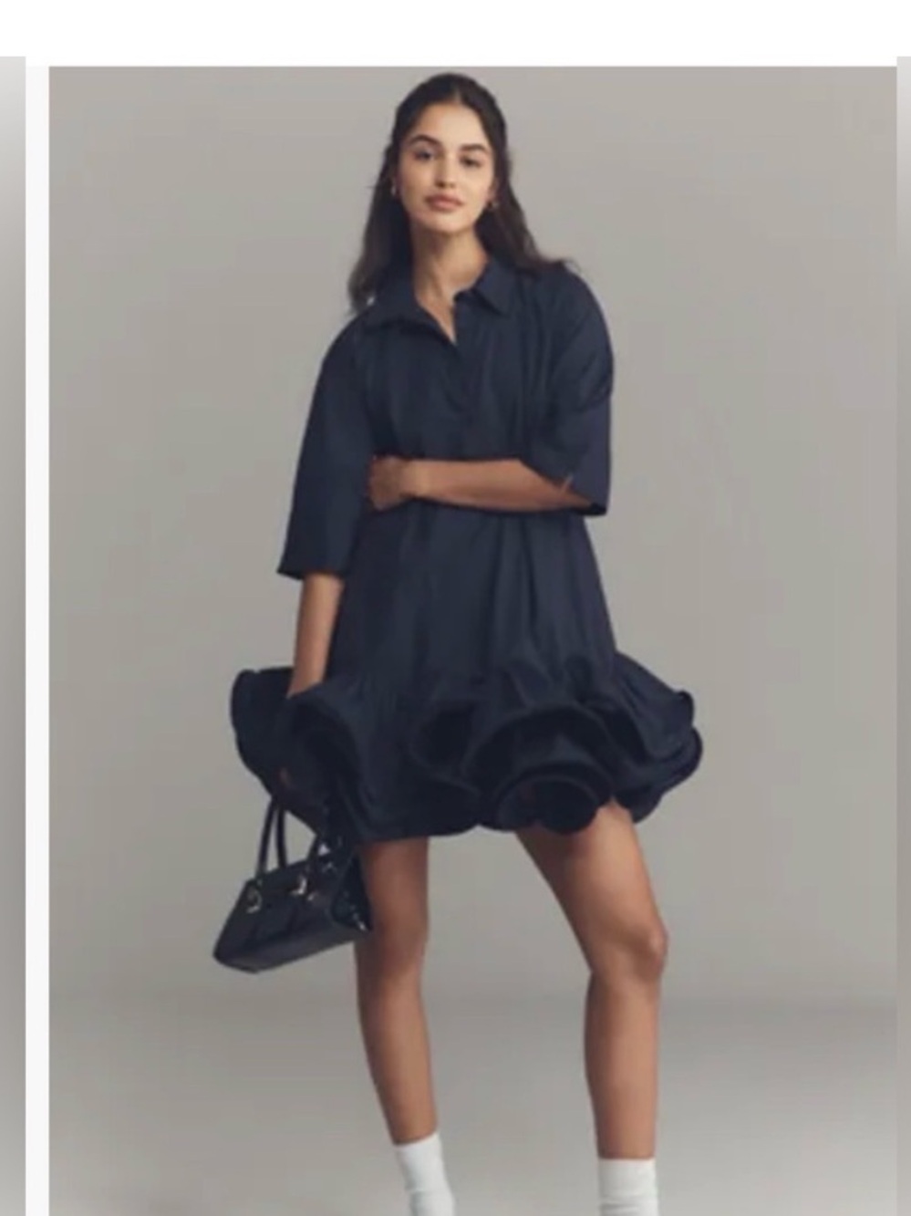 Maeve Cuffed sleeve Navy Button-Front Ruffle Mini Dress - Picture 6 of 9